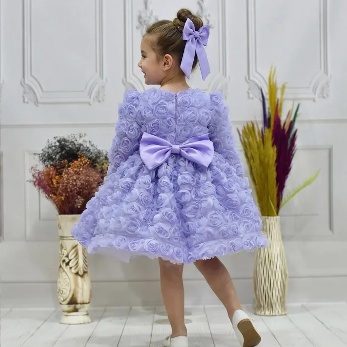 Kız Çocuk Lila Gül Desenli Uzun Kol Kabarık Elbise