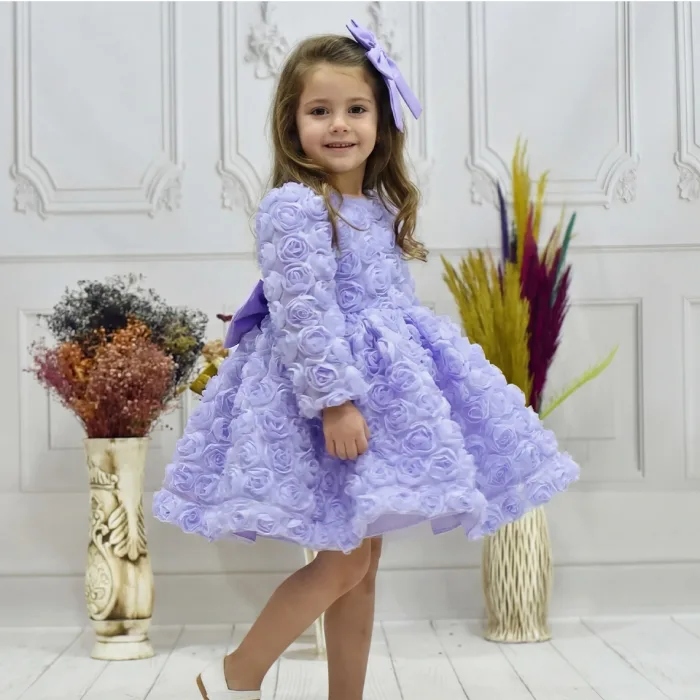 Kız Çocuk Lila Gül Desenli Uzun Kol Kabarık Elbise