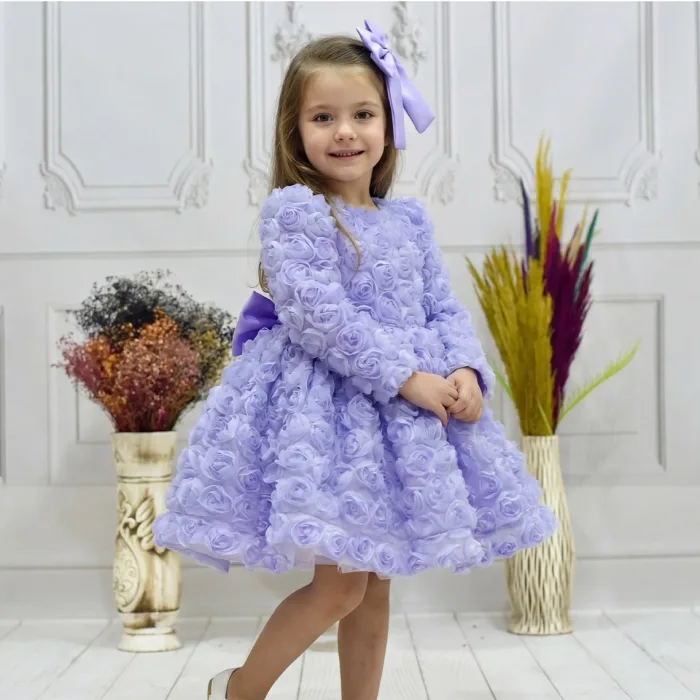 Kız Çocuk Lila Gül Desenli Uzun Kol Kabarık Elbise