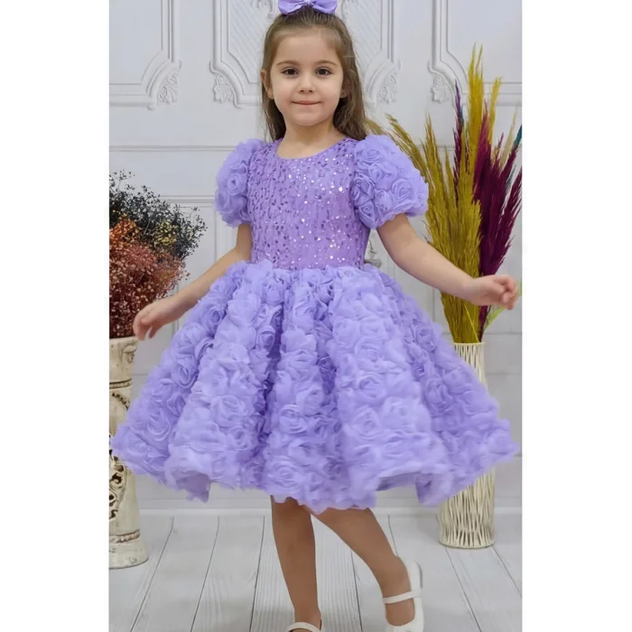 Kız Çocuk Lila Gül Desenli ve Boncuklu Kısa Balon Kol