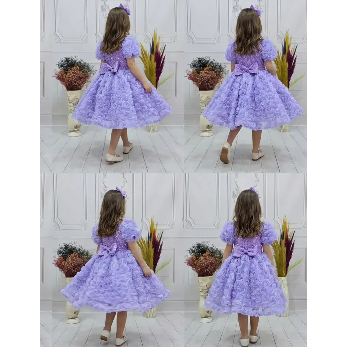 Kız Çocuk Lila Gül Desenli ve Boncuklu Kısa Balon Kol