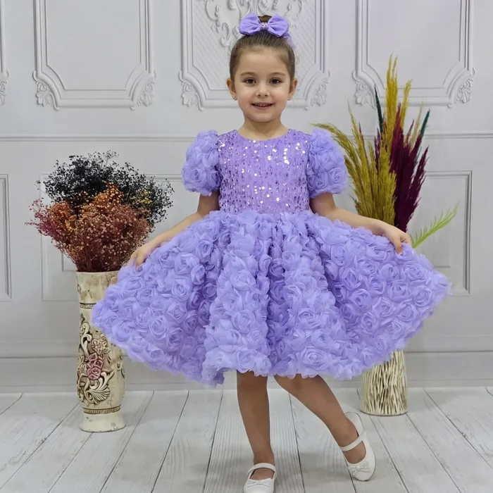 Kız Çocuk Lila Gül Desenli ve Boncuklu Kısa Balon Kol