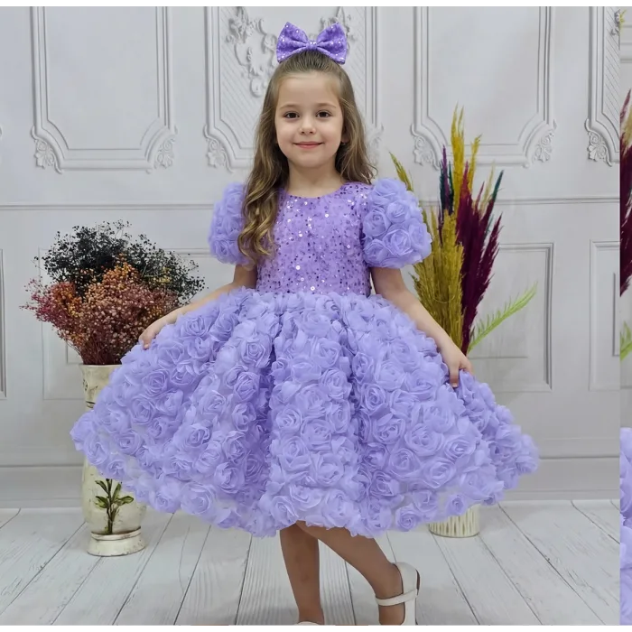 Kız Çocuk Lila Gül Desenli ve Boncuklu Kısa Balon Kol