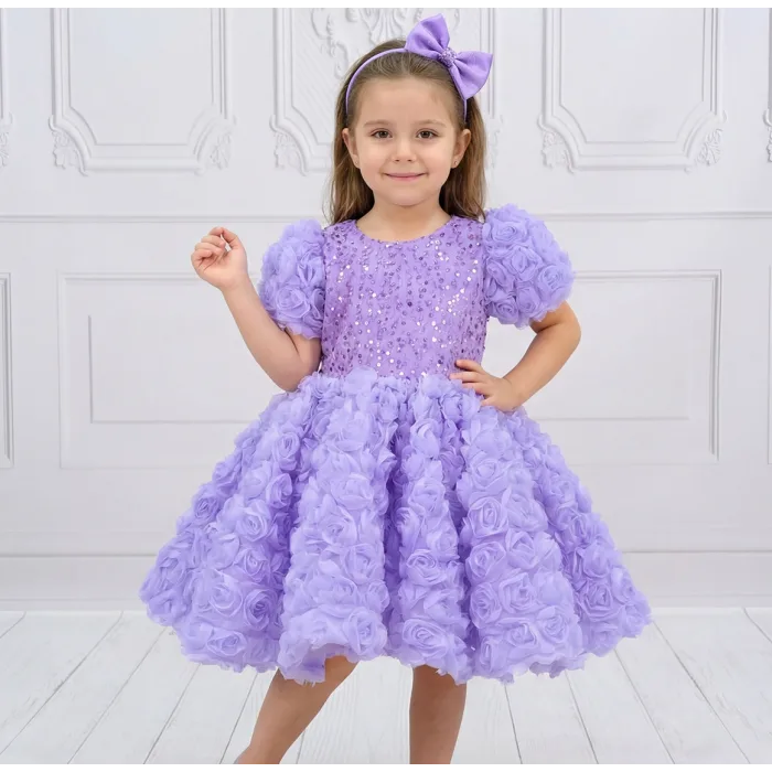 Kız Çocuk Lila Gül Desenli ve Boncuklu Kısa Balon Kol