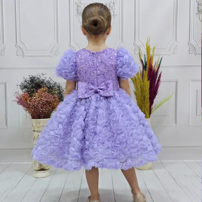 Kız Çocuk Lila Gül Desenli ve Boncuklu Kısa Balon Kol