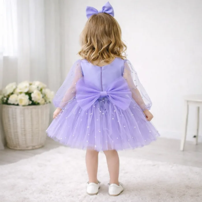 Kız Çocuk Lila incili Uzun Kol Incili Kabarık Elbise