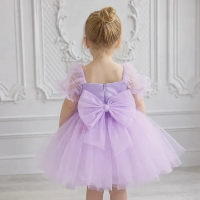 Kız Çocuk Lila Kalp Detaylı Kısa Balon Kol Kabarık Elbise