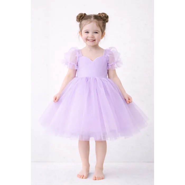 Kız Çocuk Lila Kalp Detaylı Kısa Balon Kol Kabarık Elbise