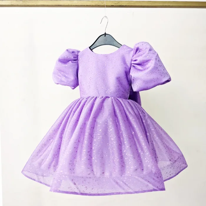 Lila Kısa Balon Kol Kabarık Elbise ABiye Gelinlik