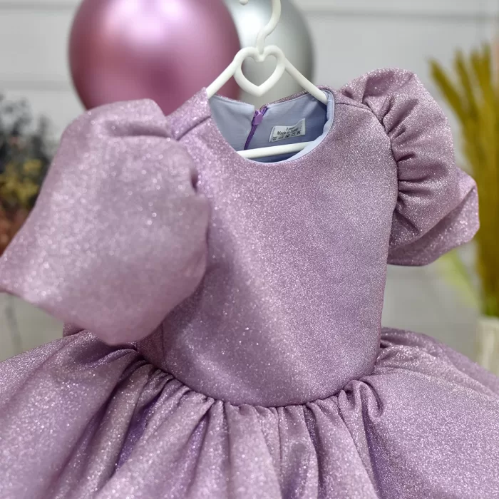 Kız Çocuk Lila Kısa Balon Kol Kabarık Elbise