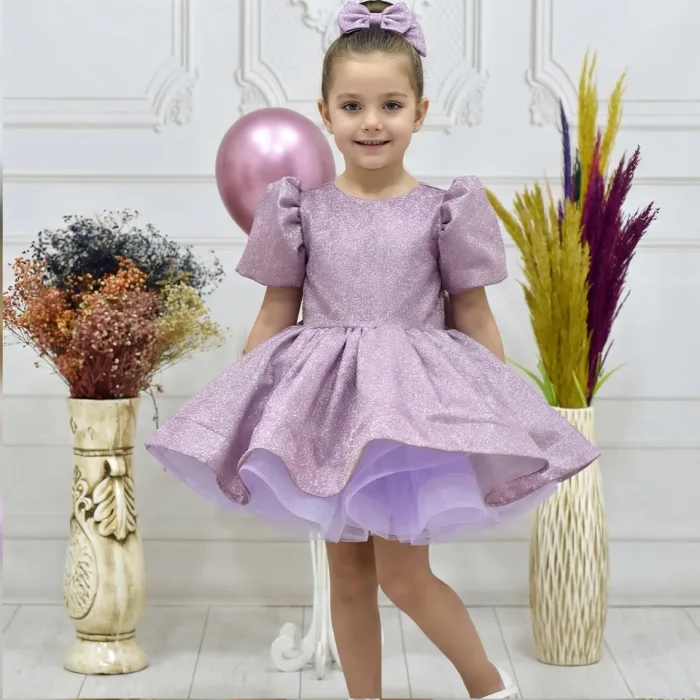 Kız Çocuk Lila Kısa Balon Kol Kabarık Elbise