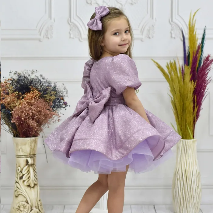Kız Çocuk Lila Kısa Balon Kol Kabarık Elbise