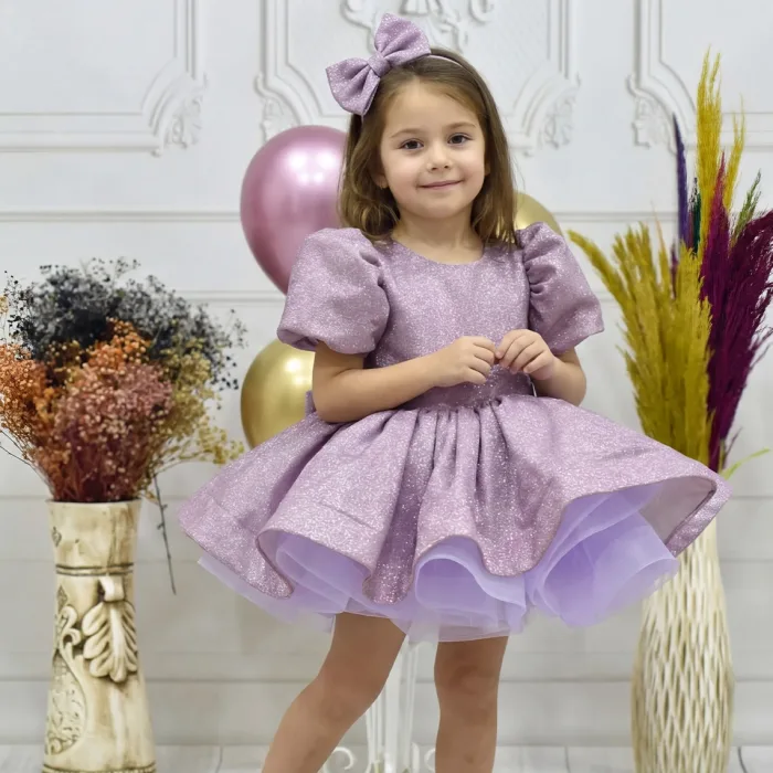 Kız Çocuk Lila Kısa Balon Kol Kabarık Elbise