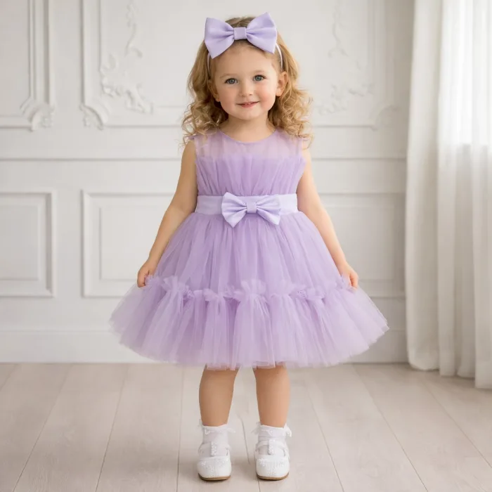 Kız Çocuk Lila Şeffaf Üst Ön Fiyonk Detaylı Kemerli Kabarık