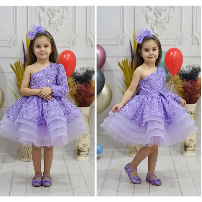 Kız Çocuk Lila Taşlı Boncuklu Tek Omuz Kabarık Elbise