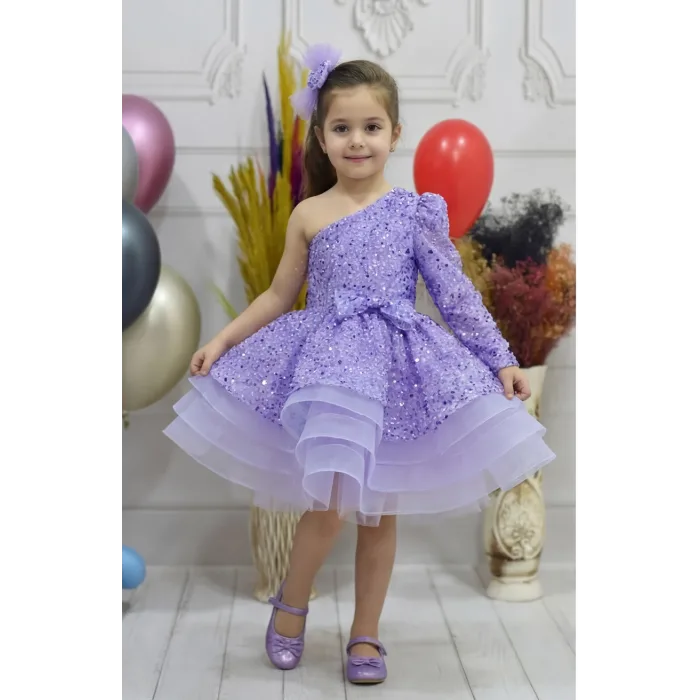Kız Çocuk Lila Taşlı Boncuklu Tek Omuz Kabarık Elbise