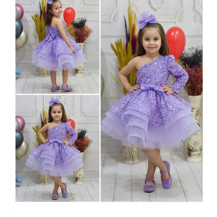 Kız Çocuk Lila Taşlı Boncuklu Tek Omuz Kabarık Elbise
