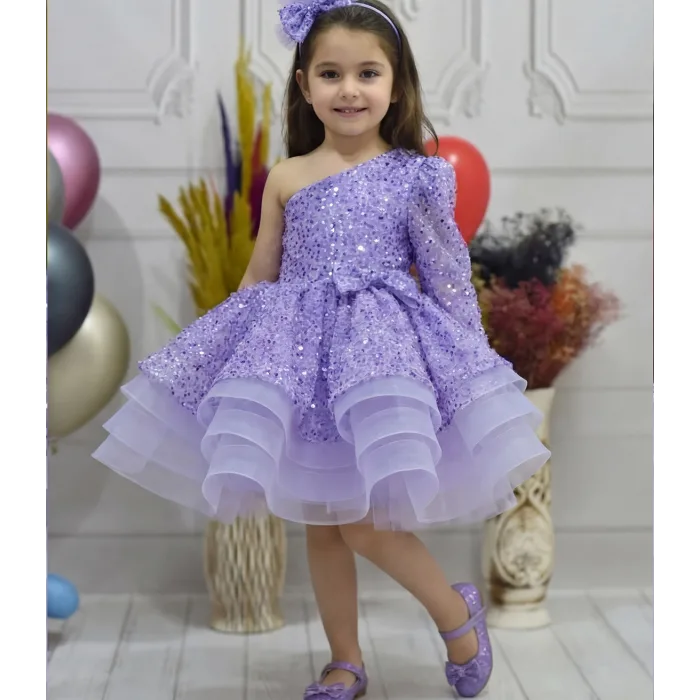 Kız Çocuk Lila Taşlı Boncuklu Tek Omuz Kabarık Elbise