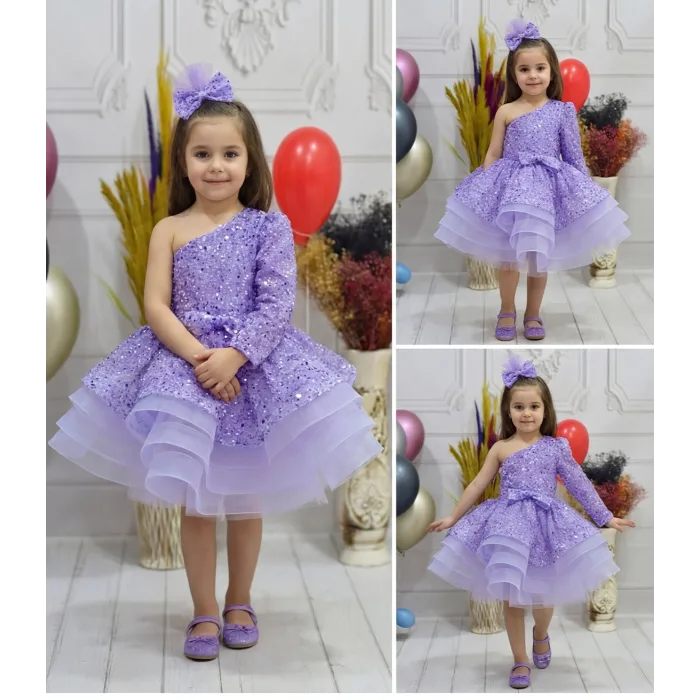 Kız Çocuk Lila Taşlı Boncuklu Tek Omuz Kabarık Elbise