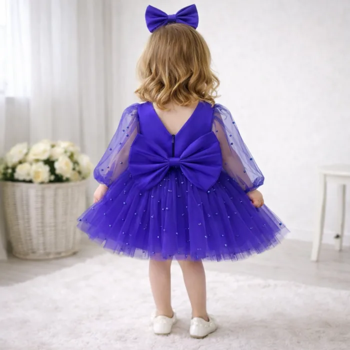 Kız Çocuk Mor incili Uzun Kol Incili Kabarık Kız Çocuk Elbise