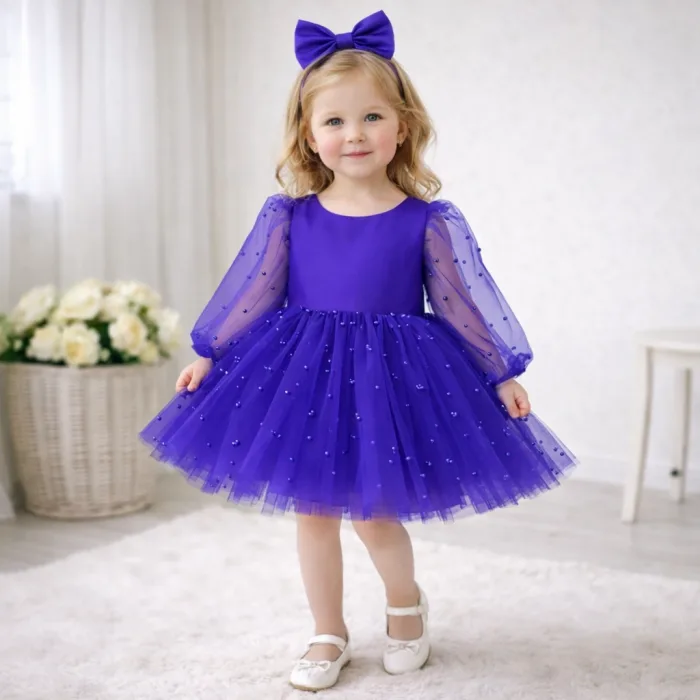 Kız Çocuk Mor incili Uzun Kol Incili Kabarık Kız Çocuk Elbise