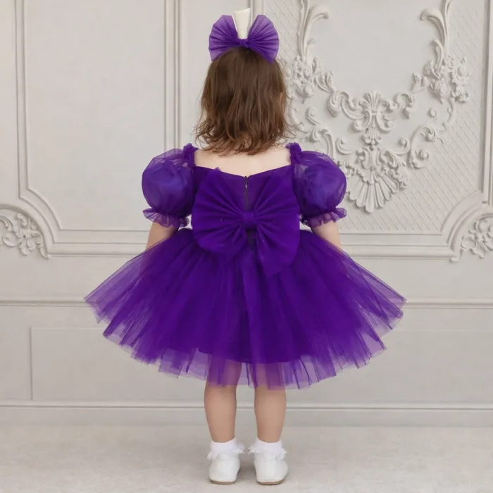 Kız Çocuk Mor Kalp Detaylı Kısa Balon Kol Kabarık Elbise