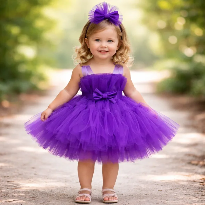 Kız Çocuk Mor Şeffaf Üst Ön Fiyonk Detaylı Kemerli Kabarık