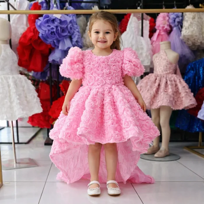 Kız Çocuk Pembe Arkası V Yaka Gül Desenli Kısa Balon Kol Elbise Abiye