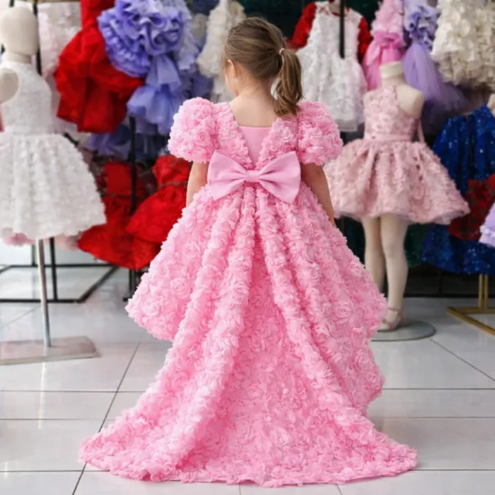 Kız Çocuk Pembe Arkası V Yaka Gül Desenli Kısa Balon Kol Elbise Abiye