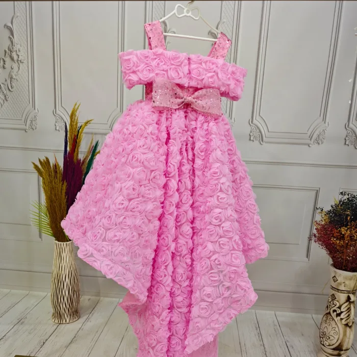 Pembe Gül Desenli Madonna Yaka Askılı Kol Elbise Abiye