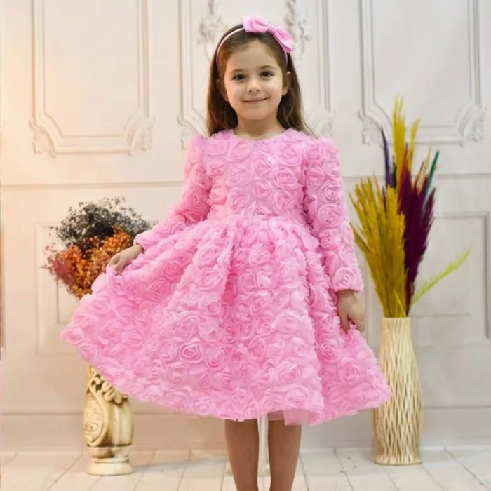 Kız Çocuk Pembe Bisiklet Yaka Gül Detaylı Kabarık Elbise