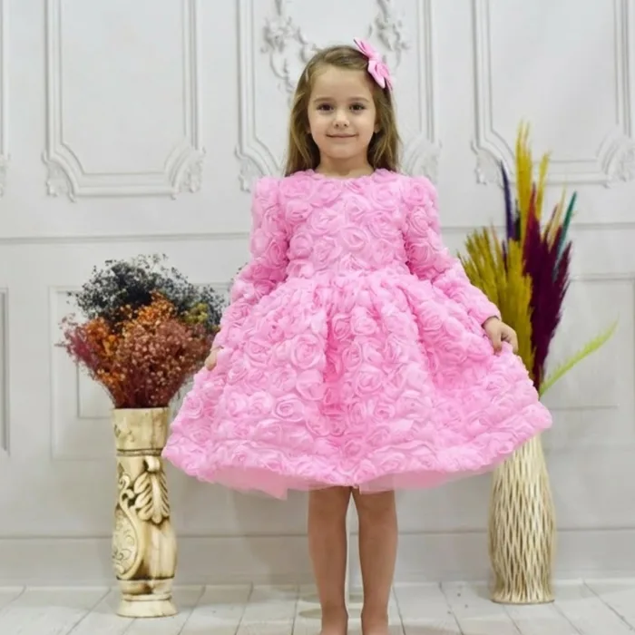 Kız Çocuk Pembe Bisiklet Yaka Gül Detaylı Kabarık Elbise