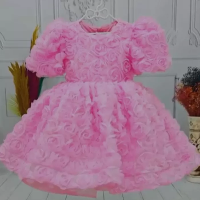 Kız Çocuk Pembe Güllü Kabarık Elbise Abiye Gelinlik