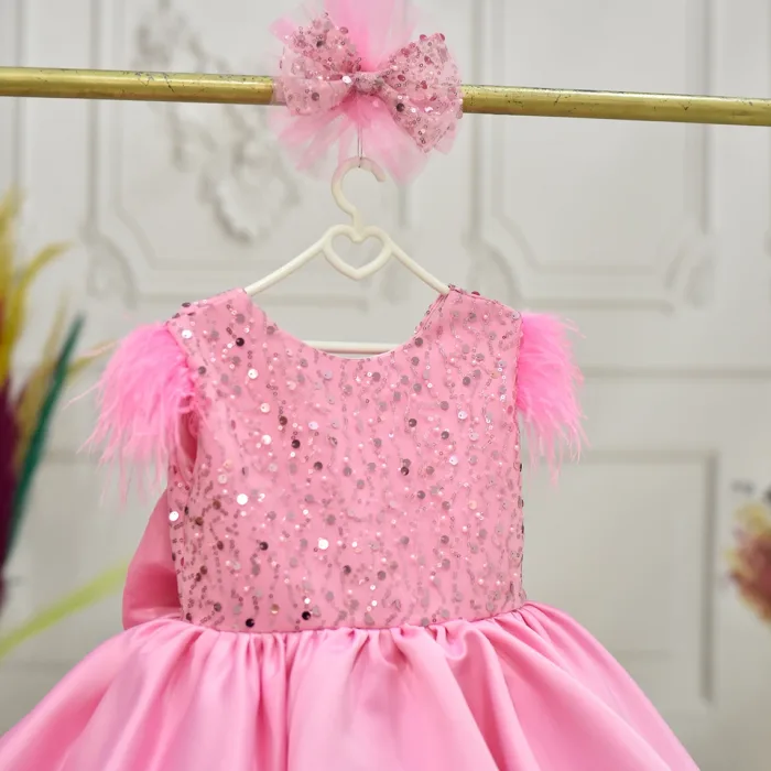 Kız Çocuk Pembe Boncuklu Kabarık Elbise Abiye Gelinlik
