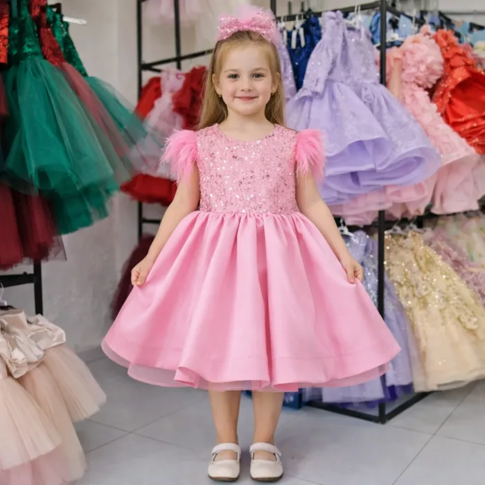 Kız Çocuk Pembe Boncuklu Kabarık Elbise Abiye Gelinlik