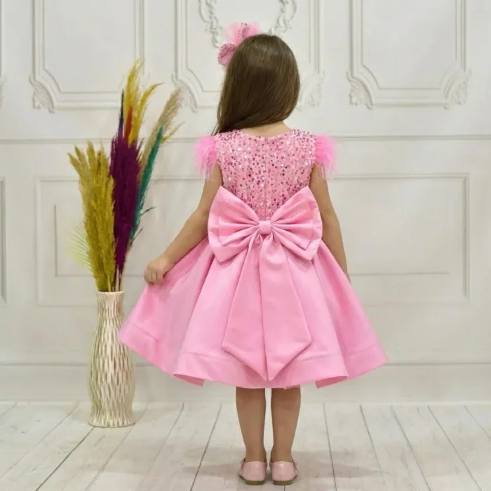 Kız Çocuk Pembe Boncuklu Kabarık Elbise Abiye Gelinlik