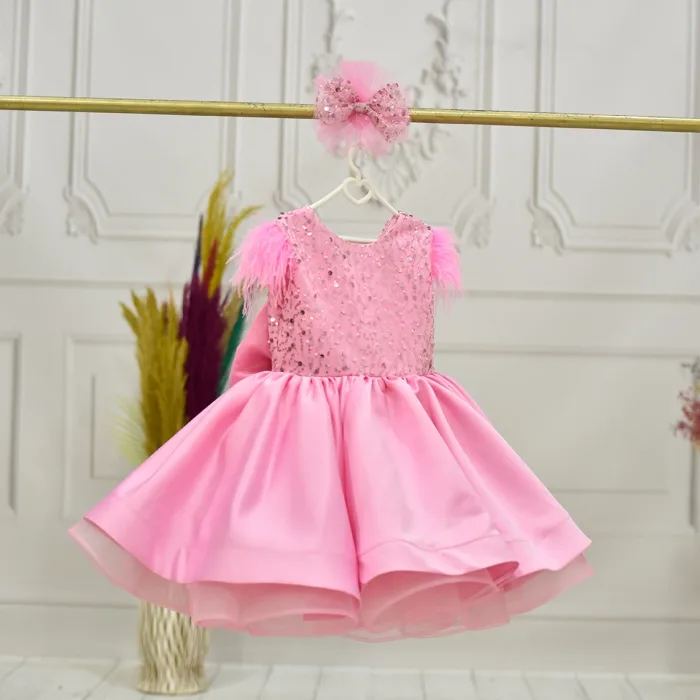 Kız Çocuk Pembe Boncuklu Kabarık Elbise Abiye Gelinlik