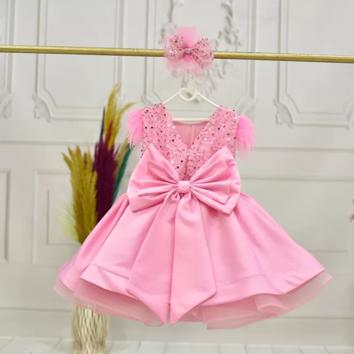 Kız Çocuk Pembe Boncuklu Kabarık Elbise Abiye Gelinlik