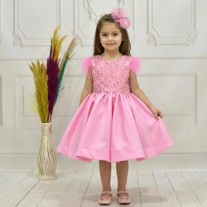 Kız Çocuk Pembe Boncuklu Kabarık Elbise Abiye Gelinlik