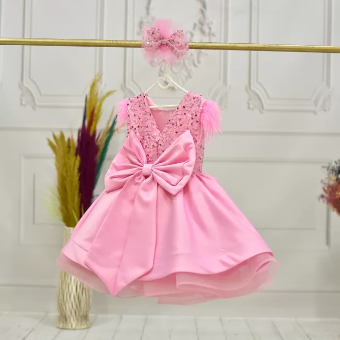 Kız Çocuk Pembe Boncuklu Kabarık Elbise Abiye Gelinlik