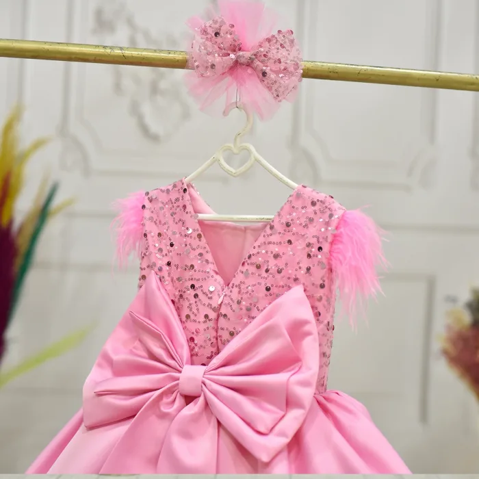 Kız Çocuk Pembe Boncuklu Kabarık Elbise Abiye Gelinlik