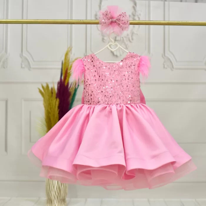 Kız Çocuk Pembe Boncuklu Kabarık Elbise Abiye Gelinlik