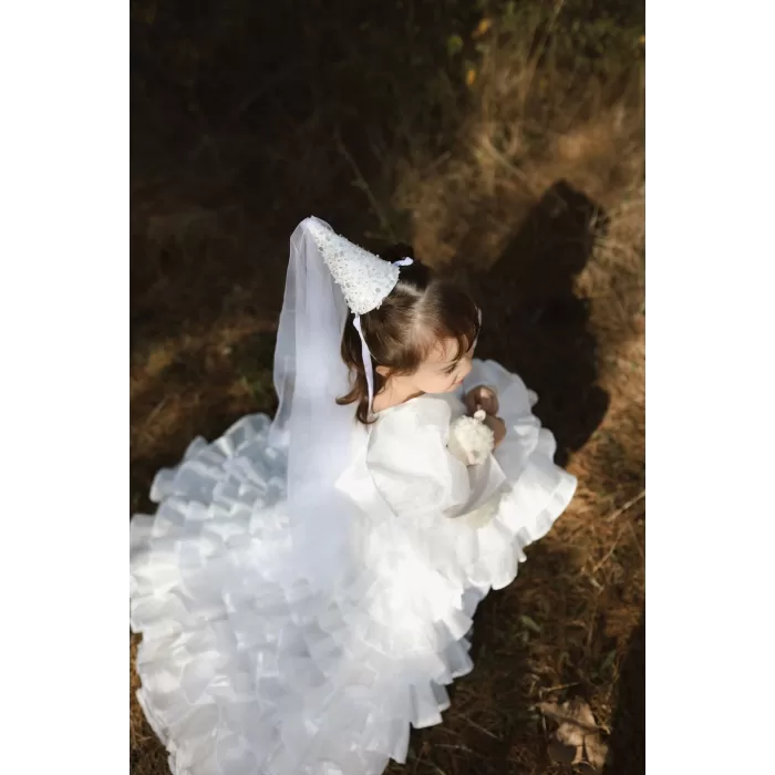 Kız Çocuk Beyaz Tak-Çıkar Kat Kat Etekli Kuyruklu Abiye Elbise