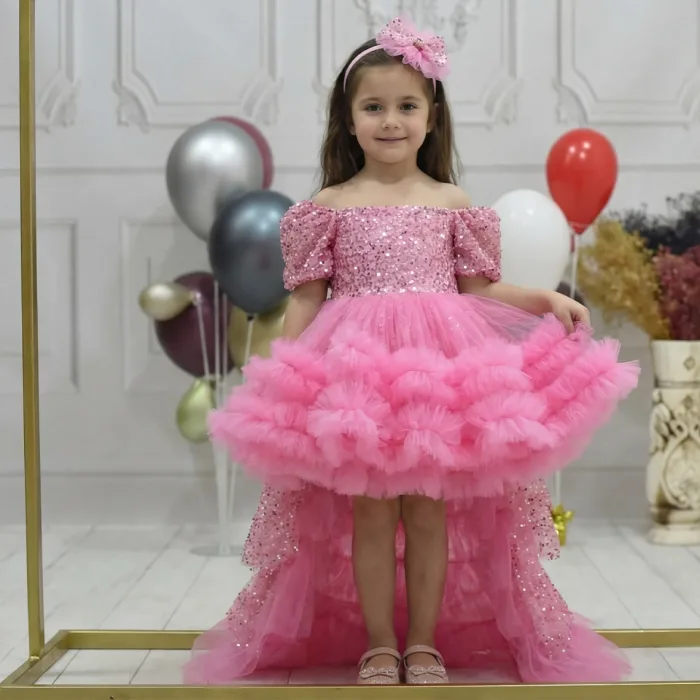 Kız Çocuk Pembe Boncuklu Payetli İşleme + Tak-Çkar KuyruK Abiye Elbise