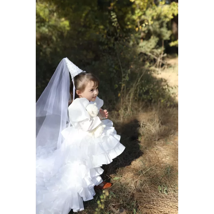 Kız Çocuk Beyaz Tak-Çıkar Kat Kat Etekli Kuyruklu Abiye Elbise