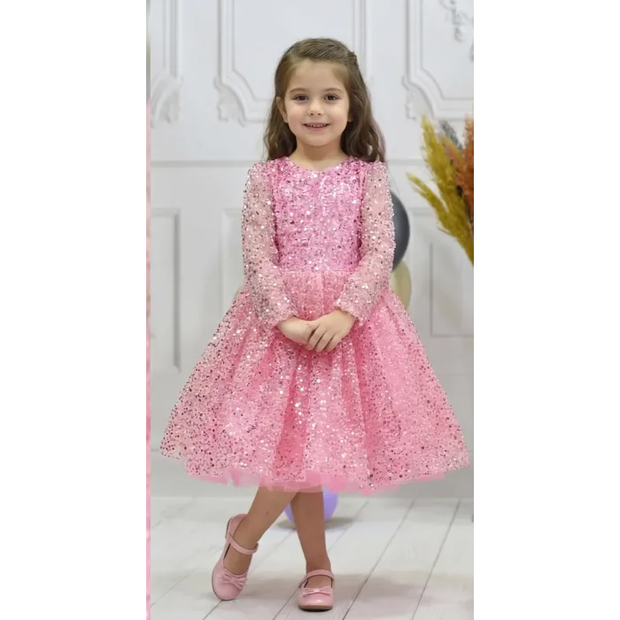 Kız Çocuk Pembe Boncuklu Payetli Kabarık Elbise