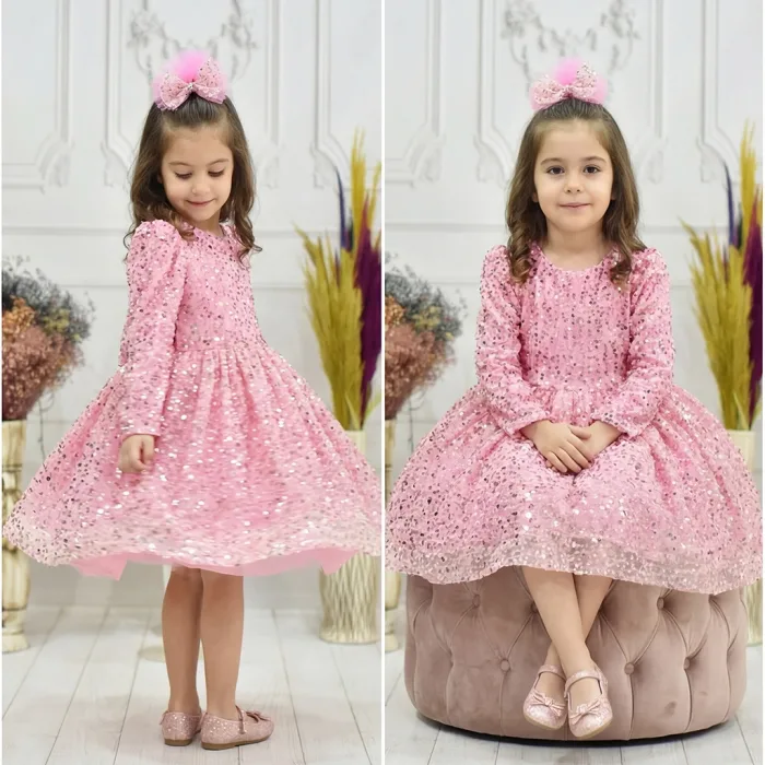 Kız Çocuk Pembe Boncuklu Payetli Kabarık Elbise