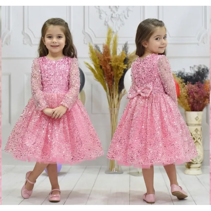 Kız Çocuk Pembe Boncuklu Payetli Kabarık Elbise