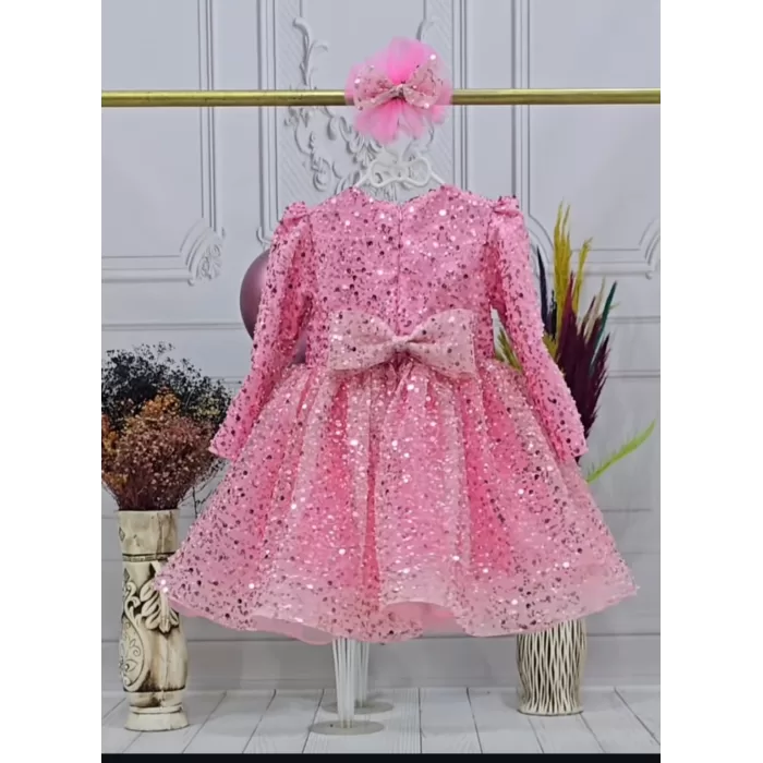 Kız Çocuk Pembe Boncuklu Payetli Kabarık Elbise
