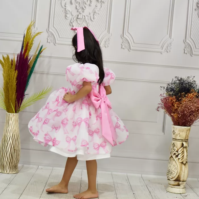 Kız Çocuk Pembe Fiyonk Deseenli Kabarık Elbise Abiye Gelinlik